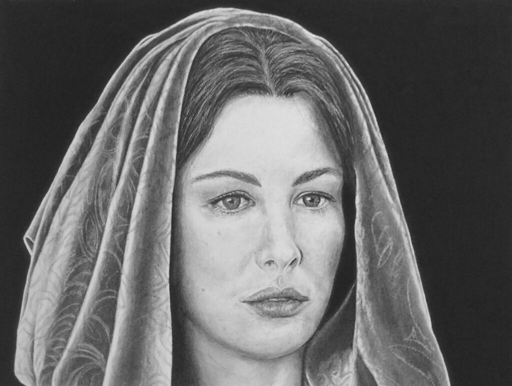 Charcoal drawing of Liv Tyler as Arwen in Lord of the Rings