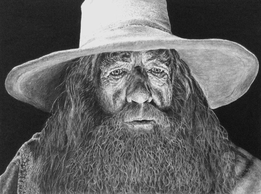 Charcoal drawing of Ian McKellen as Gandalf the Grey by JR Thomas